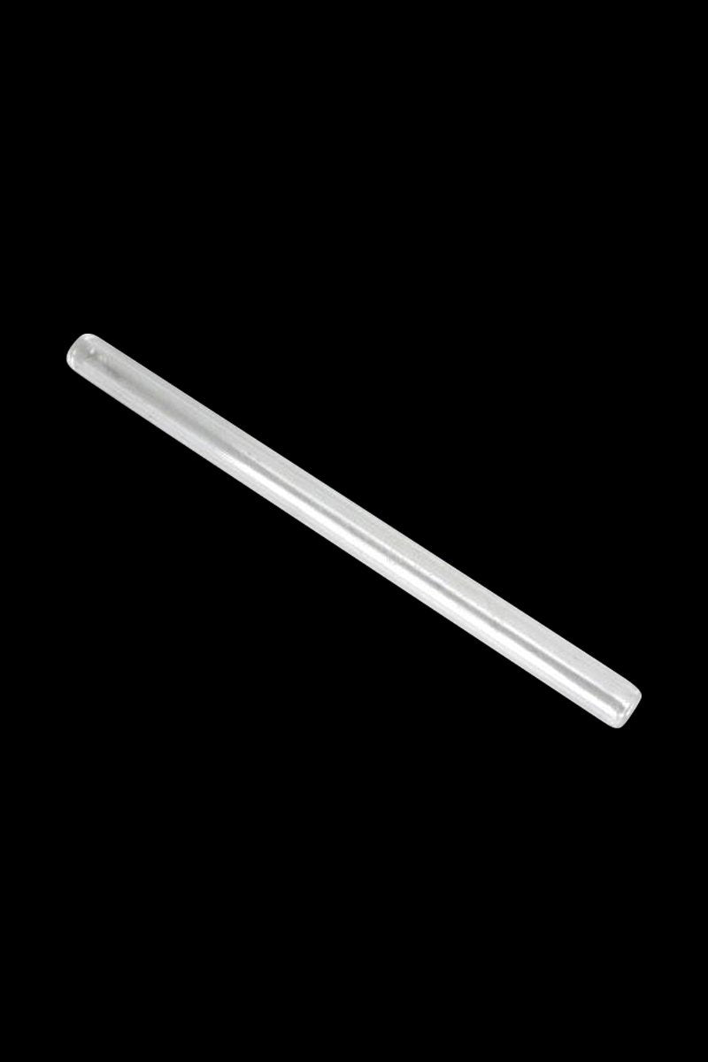 Diagonal close-up of a translucent glass Honey Dabber II Vapor Straw Collector resting on a black background.