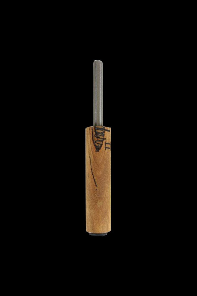 Center-aligned vertical view of the Honey Dabber II Vapor Straw Collector showing its wooden handle with natural grain and an exposed metal straw against a black background