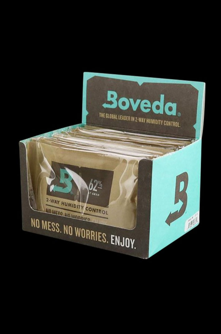 Front view of the Boveda Humidity Control - 12 Pack, displaying its branded packaging and white box with a blue accent.