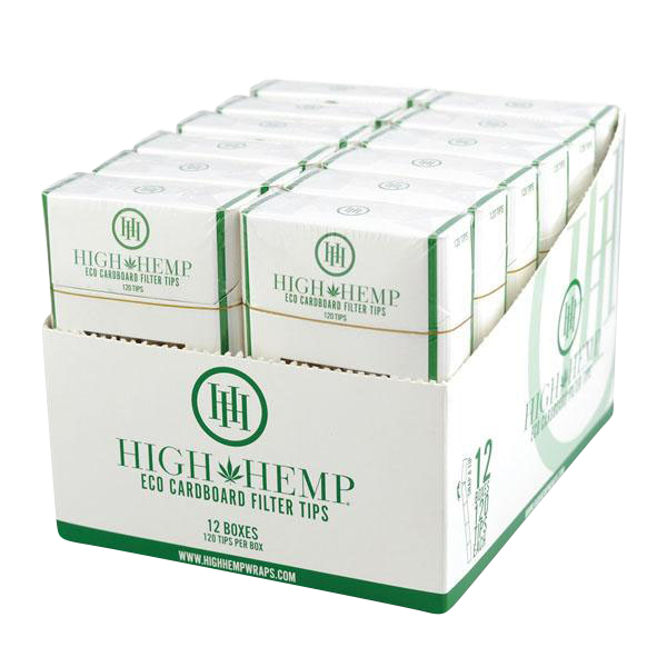 A stack of twelve High Hemp Eco Cardboard Filter Tips boxes, shown from a slightly elevated front view with simple white packaging.