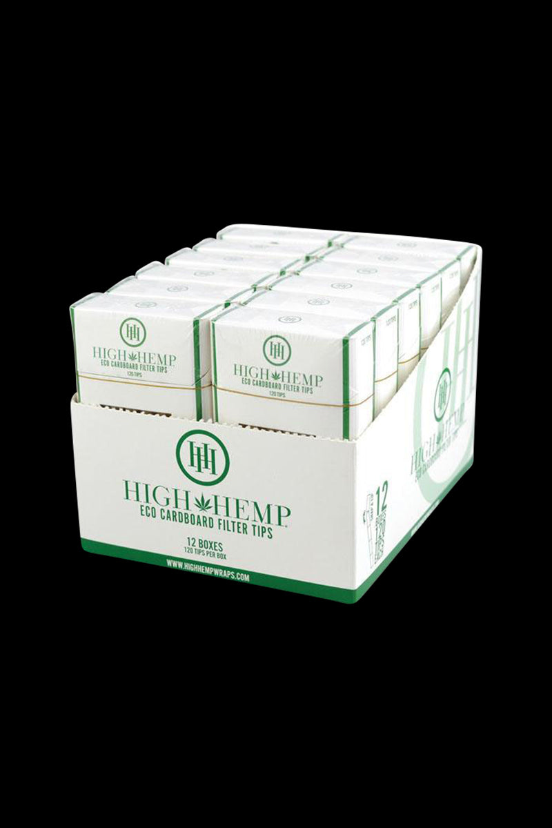 A stack of twelve packs of High Hemp Eco Cardboard Filter Tips, photographed at a slight angle against a plain white backdrop.