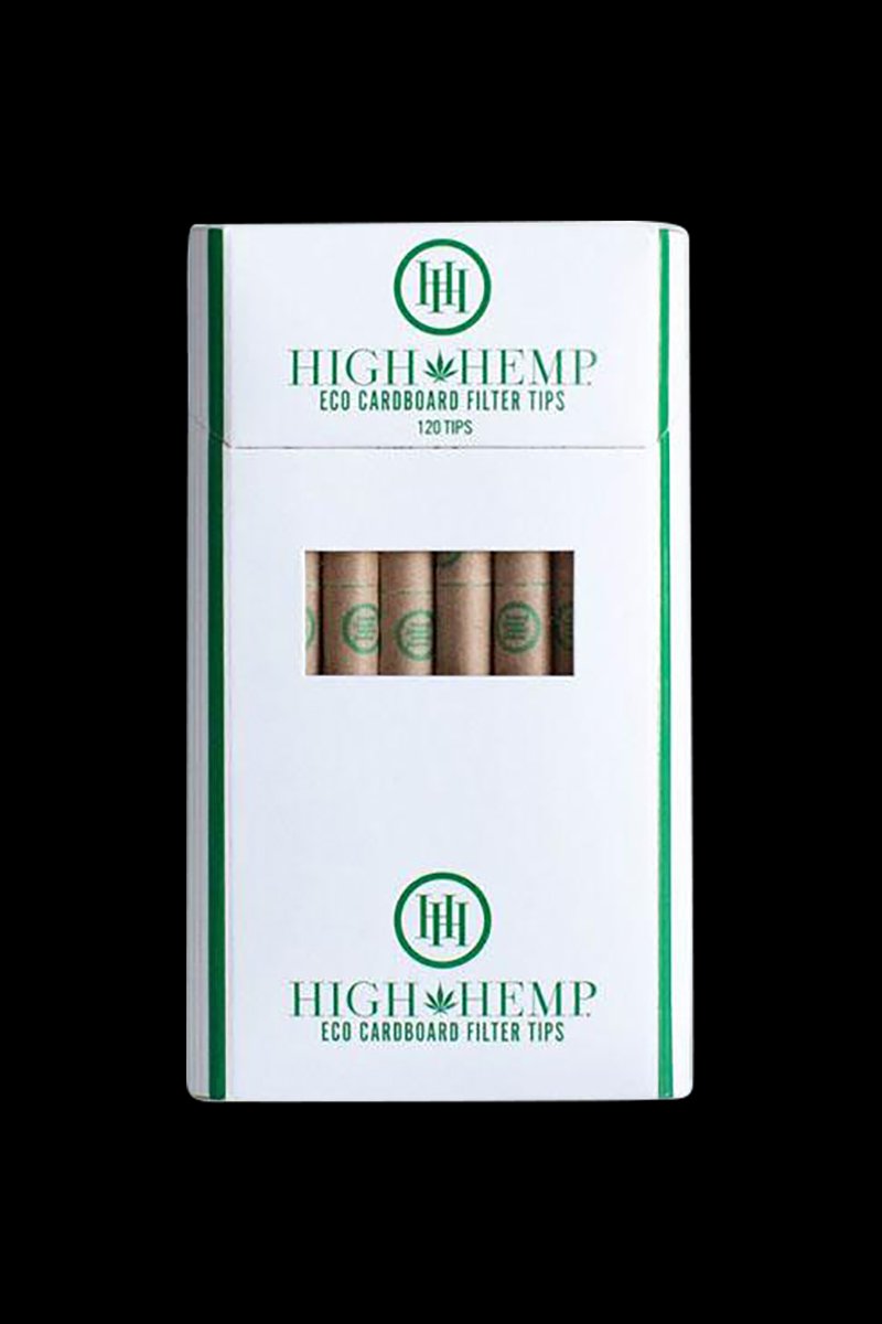Front view of the High Hemp Eco Cardboard Filter Tips in a 12-pack, showing the brown filters neatly stacked against a white background.
