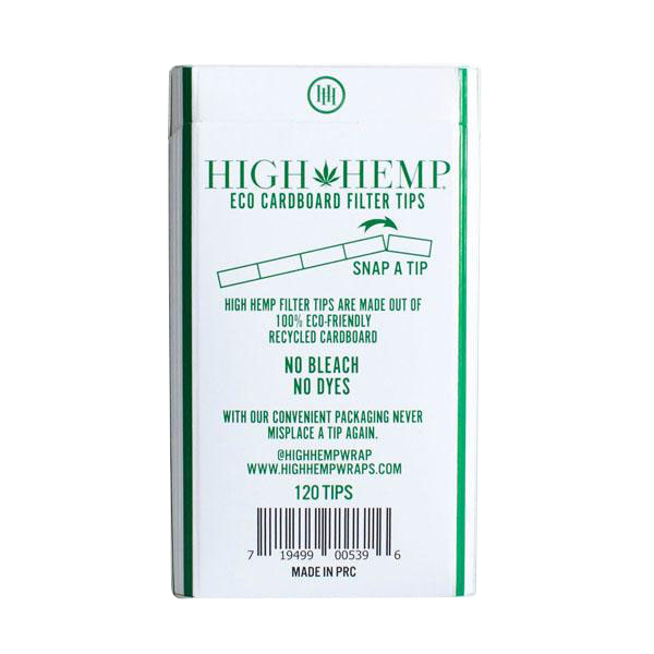 Front view of the High Hemp Eco Cardboard Filter Tips packaging, showing a close-up of the textured cardboard material.