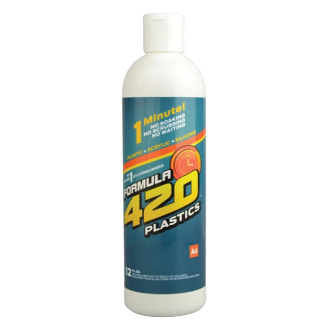 Centered front view of a white bottle labeled Formula 420 Plastics Cleaner - 12oz with a blue, yellow, and orange logo.