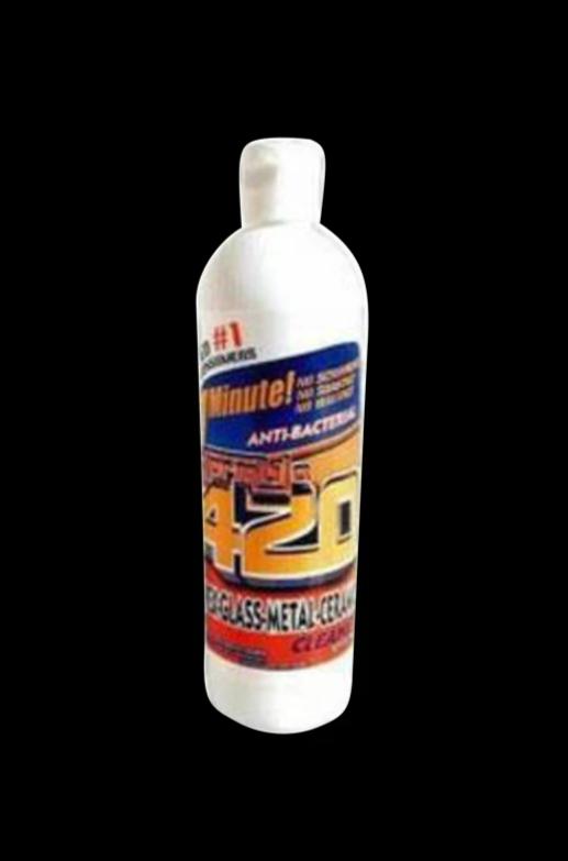 Straight-on view of a white 12oz Formula 420 Glass/Ceramic/Metal Cleaner bottle with its colorful label centered against a black background