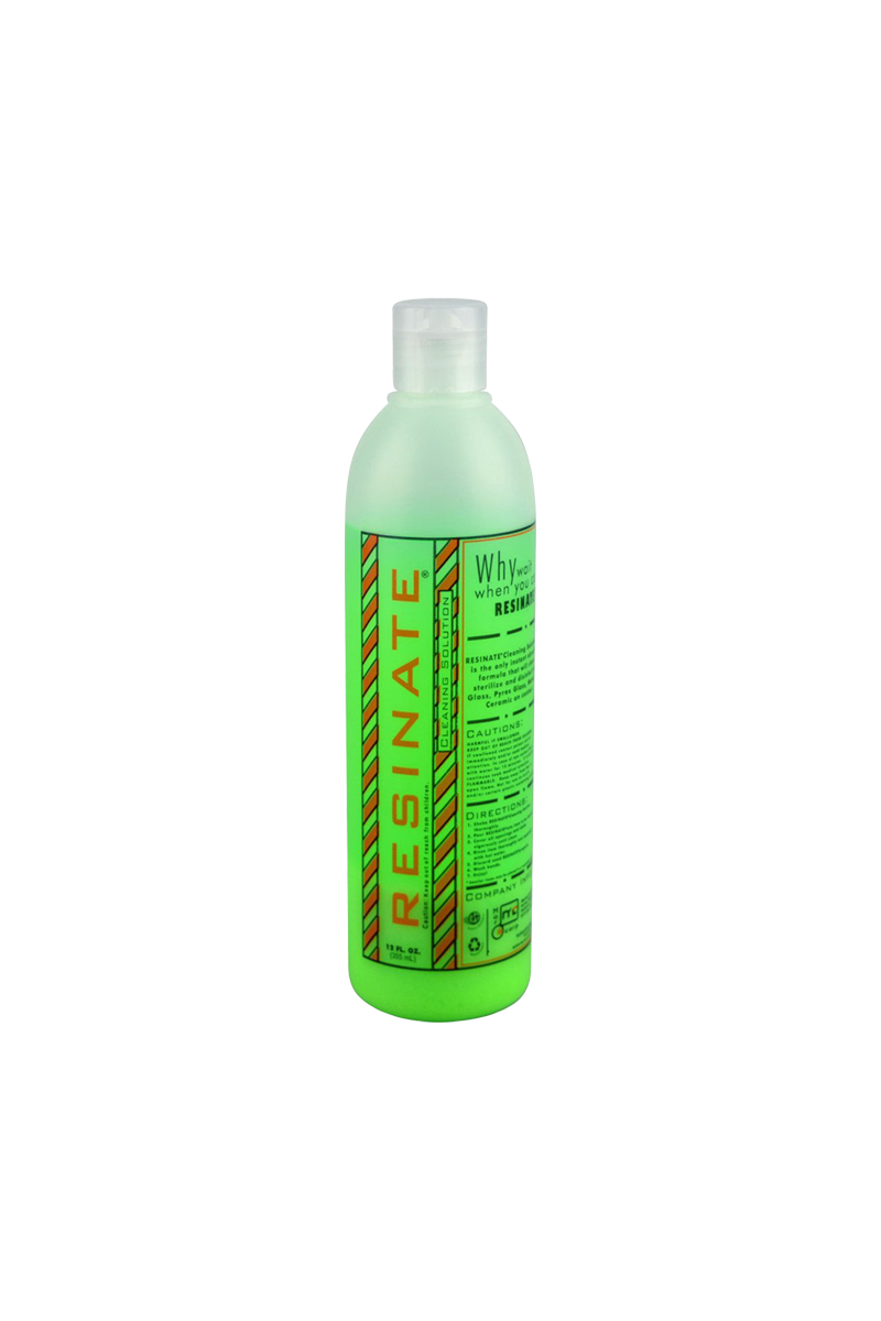 Front view of a tall neon green bottle labeled Resinate Cleaning Solution 5.00% Off Auto renew against a white background.