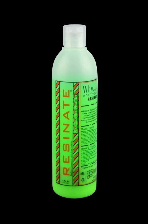 Centered front view of a bright green 12oz Resinate Cleaning Solution bottle with vertical red-striped label text against a black background