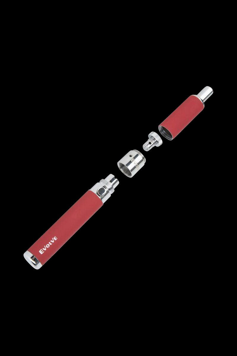 Angled exploded view of the red Yocan Evolve-D Dry Herb Vaporizer Pen showing its disassembled metal mouthpiece, chamber, and battery against a black background.
