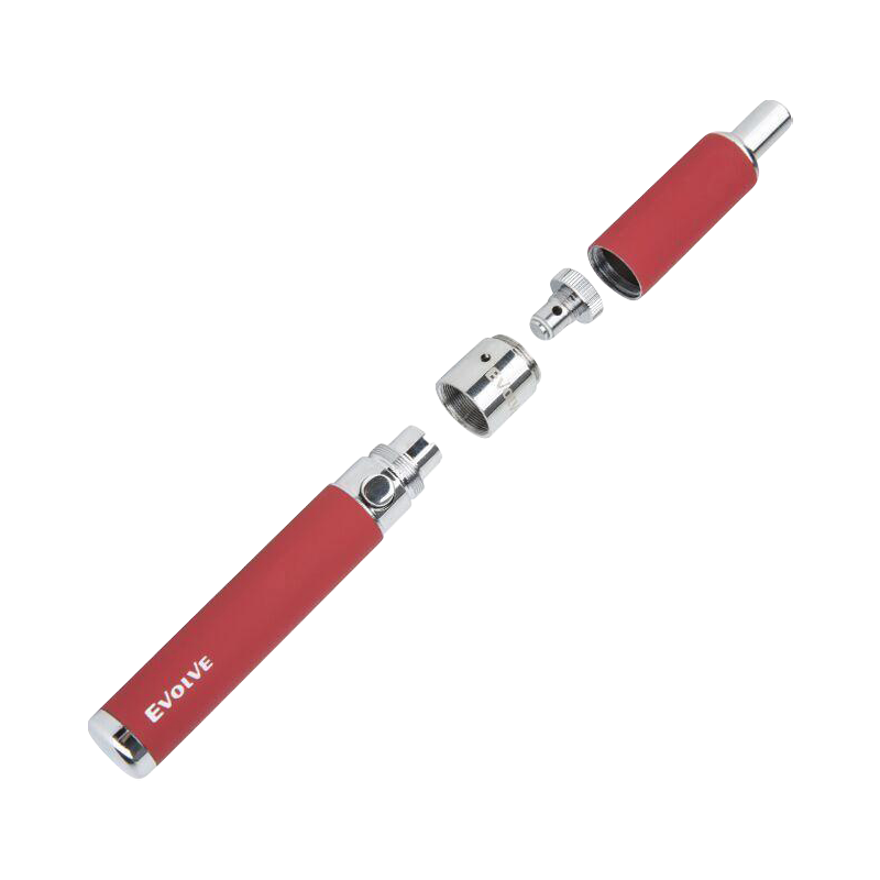 Angled exploded view of the red Yocan Evolve-D Dry Herb Vaporizer Pen showing its battery, chamber, and mouthpiece separated on a white background