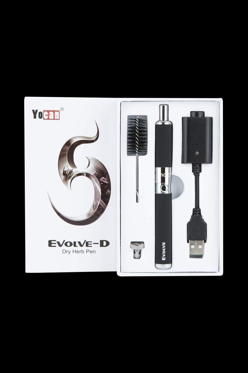 Top-down view of the Yocan Evolve-D Dry Herb Vaporizer Pen kit in champagne, neatly arranged in its white foam tray against black.