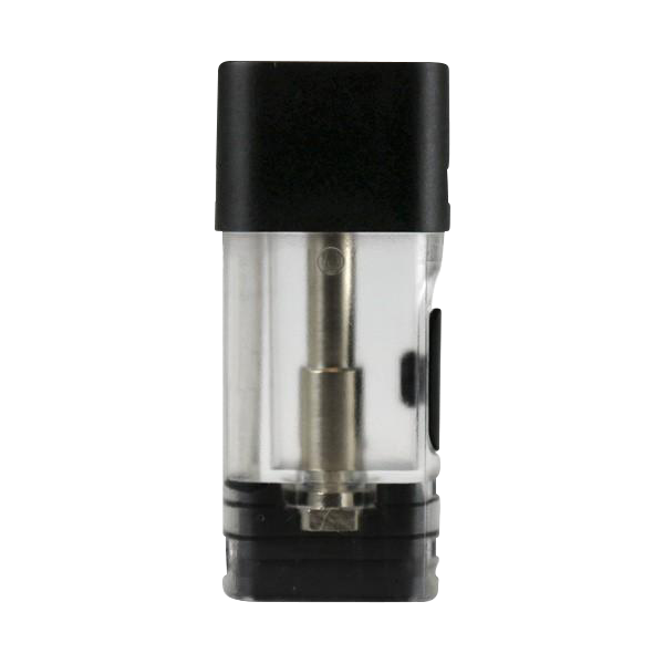 Front view of the Kandy Pens RUBI 1ml Pod, a clear plastic cartridge with a black mouthpiece, isolated on a white background.