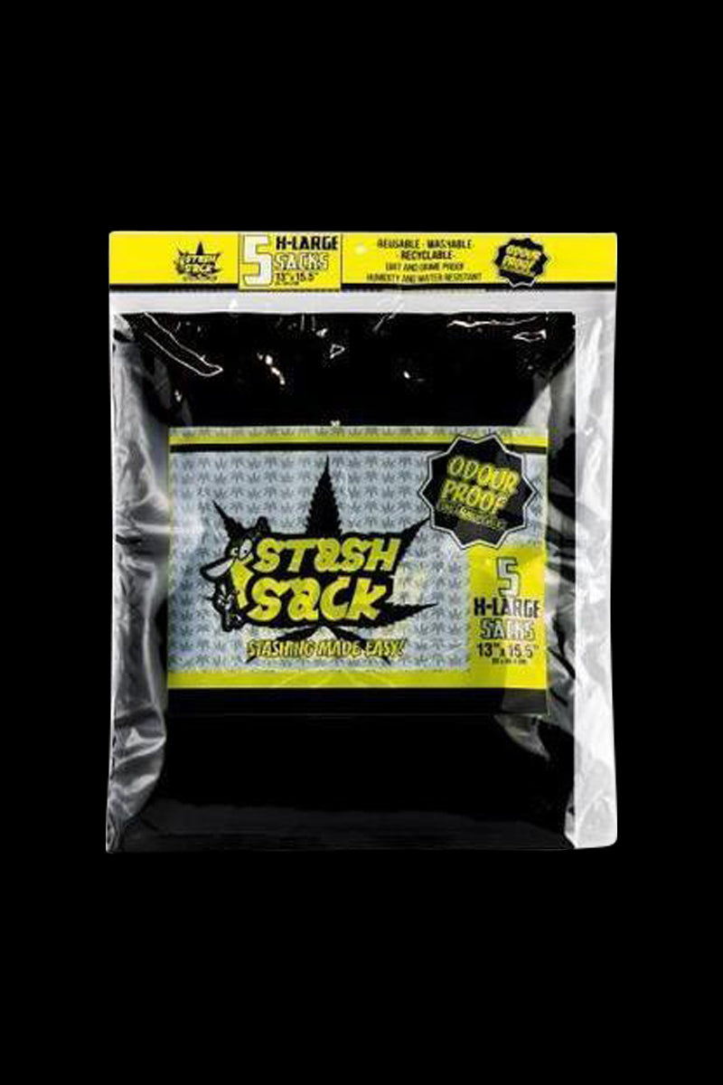Front-facing shot of the clear packaged Stash Sack Baggie - 5 Pack with a black insert and yellow branded label centered against a black background.