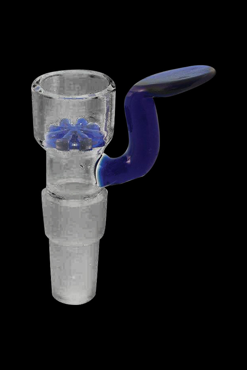Front view of the Dual Use Glass Bowl with Handle showing a clear glass bowl with a blue flower screen and a curved blue handle against a black background.