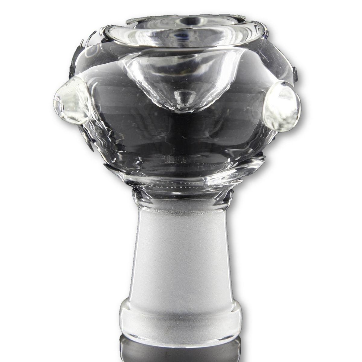 Close-up front view of the Honeycomb Glass Female Bowl showing its clear rounded bowl, side glass knobs, and frosted ground joint.