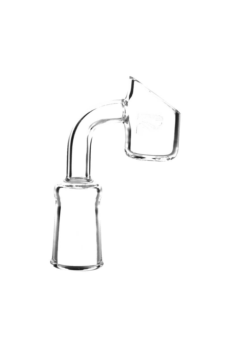 Angled studio shot of the clear Pulsar Domeless 14mm Quartz Side Banger Nail showing its curved neck and slanted bucket against a white background