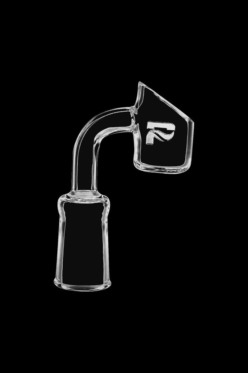 Angled side view of a clear glass Pulsar Domeless 14mm Quartz Side Banger Nail against a black background, showing its bent neck and flat bucket with a white "P" logo.