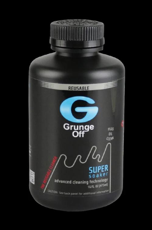 Studio-front view of the Grunge Off Super Soaker - 16oz black bottle with blue "G" logo and product text on a black background
