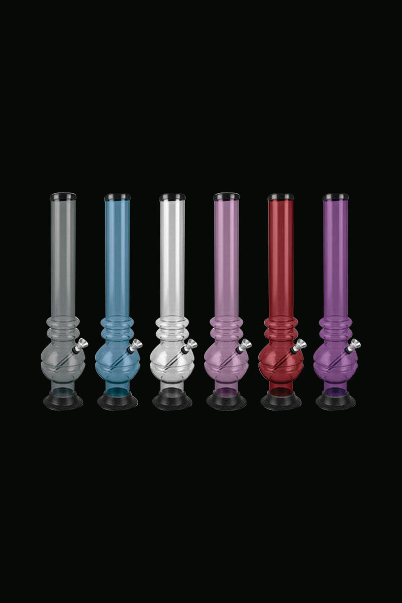 Front view of the Bubble Base Acrylic Water Pipe, showcasing its clear, cylindrical shape against a black backdrop.