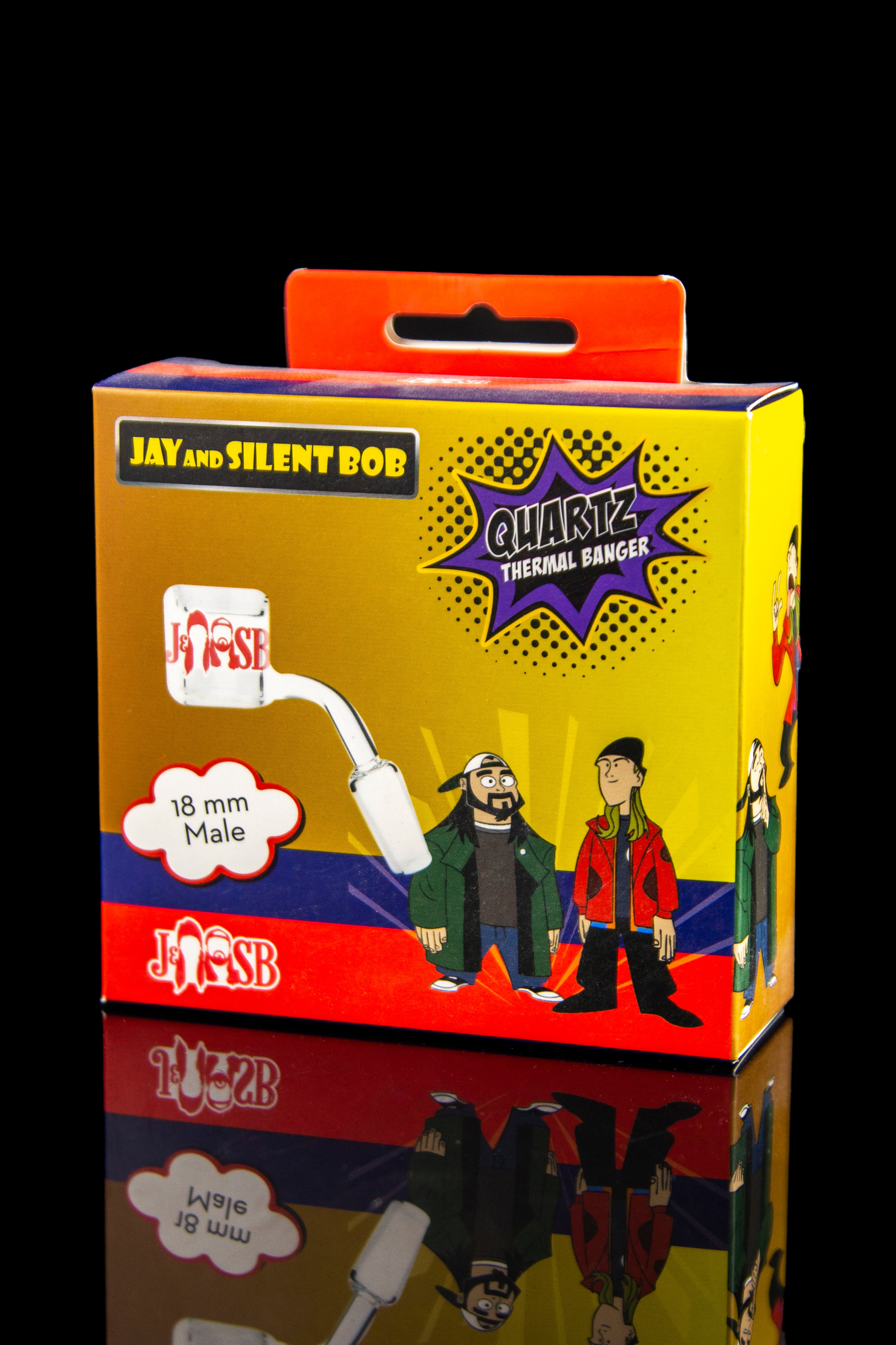 Product packaging for a "Jay and Silent Bob" branded quartz thermal banger for cannabis concentrates, featuring characters from the film *Jay and Silent Bob Strike Back*.