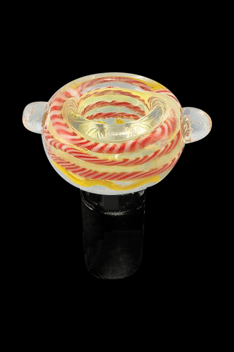 Top-down view of the Candy Stripe Worked Boro Glass Bowl showing red-and-white spiral cane work within clear glass and two small side handles against a black background