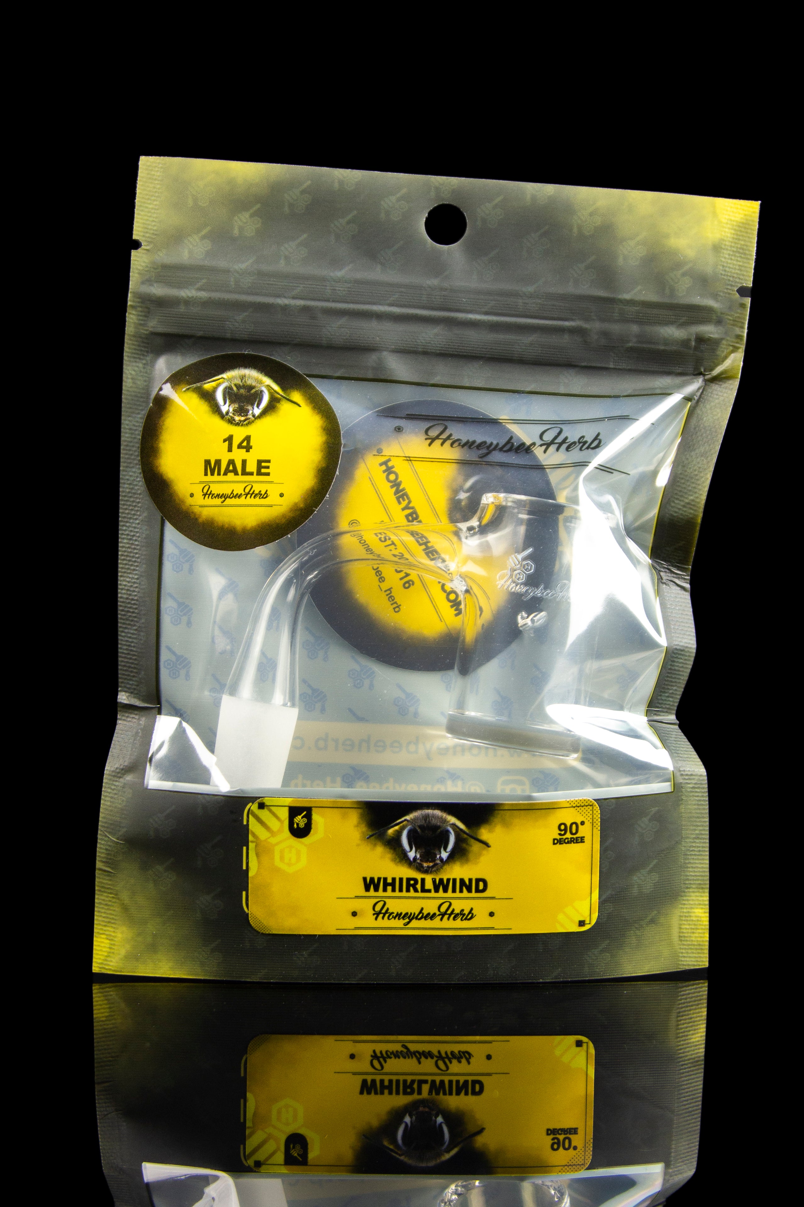 A black, resealable bag of “Honeybee Herb” cannabis, featuring a gold bee illustration and the strain name “Whirlwind” in gold lettering.