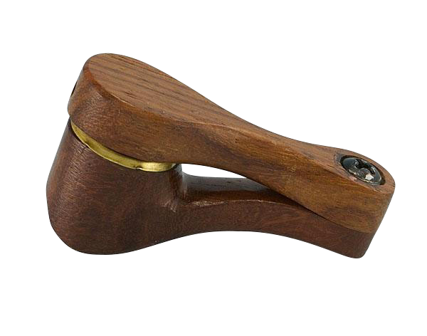 Angled close-up of a wooden swivel pipe showing its warm brown grain, brass hinge and top lever on a white background, Wooden Swivel Pipe