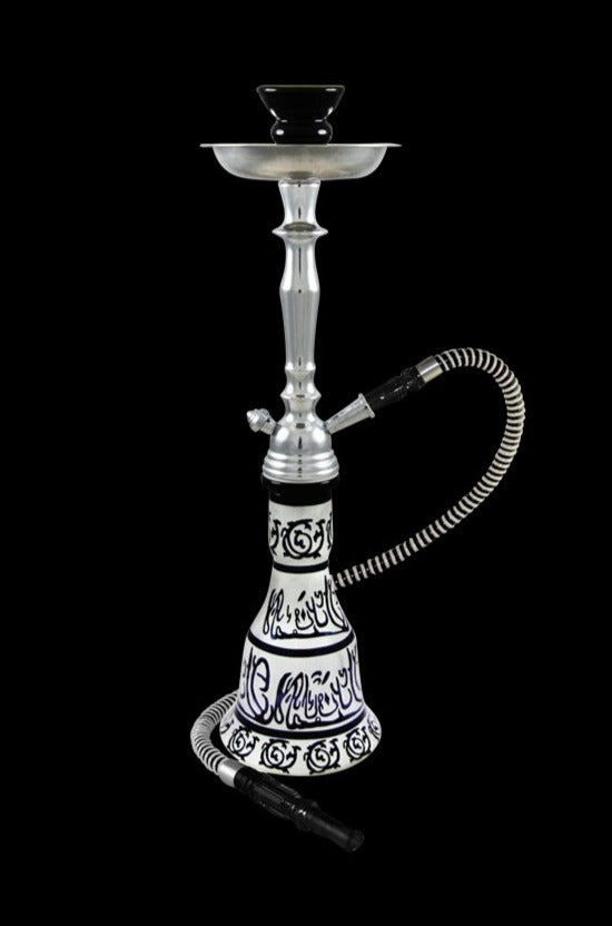 A front view of the Amira 1-Hose Premium Hookah - Hieros, featuring a sleek, silver stem and a single hose connection.