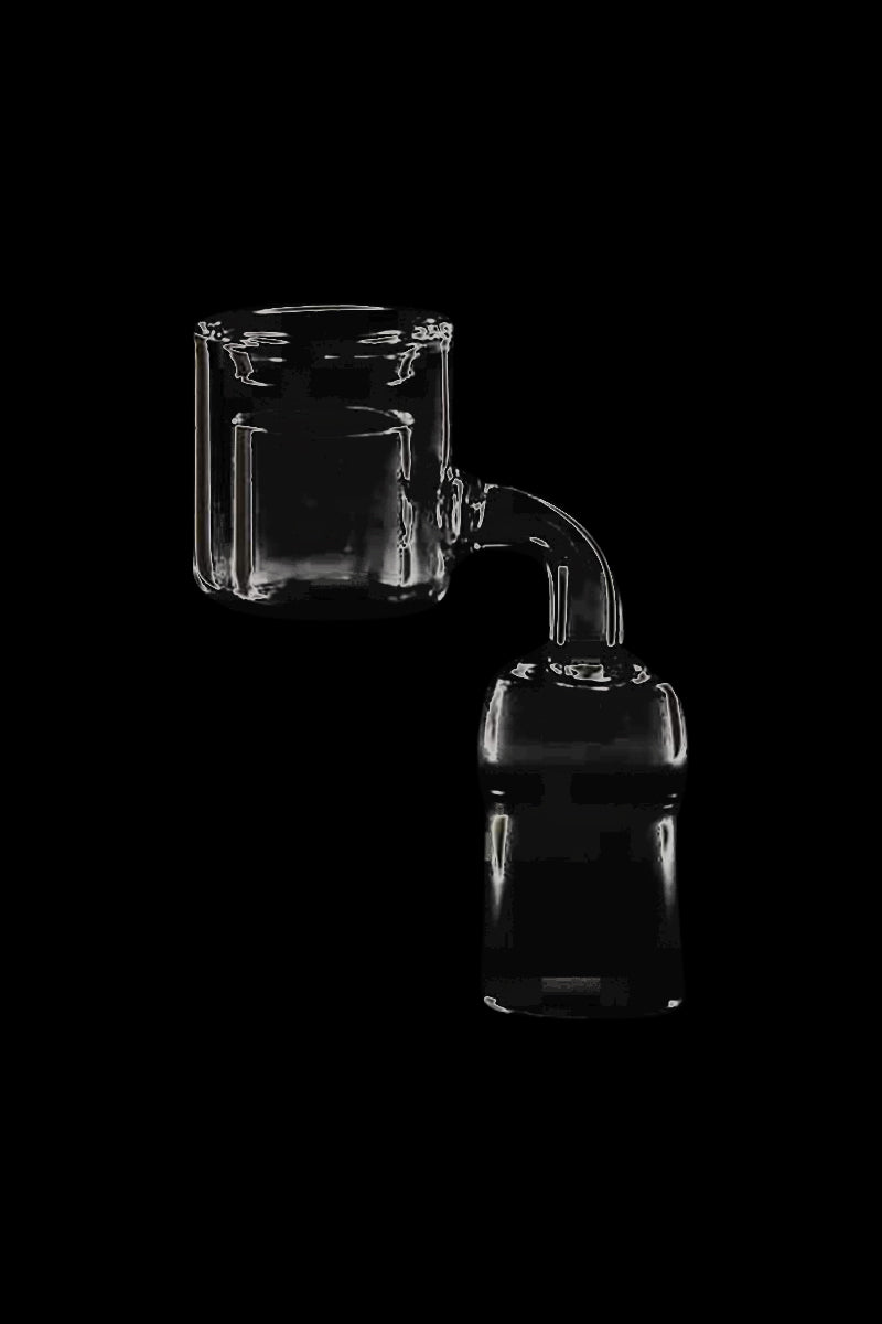 Angled close-up of a clear Female 18.8mm Quartz Thermal Banger against a black background, showing the bucket, curved neck, and joint.