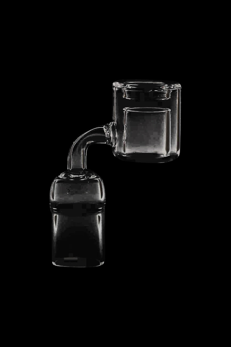 Close-up of the Female 18.8mm Quartz Thermal Banger shown in clear glass against a black background from a side angle highlighting its curved neck and bucket-shaped top.