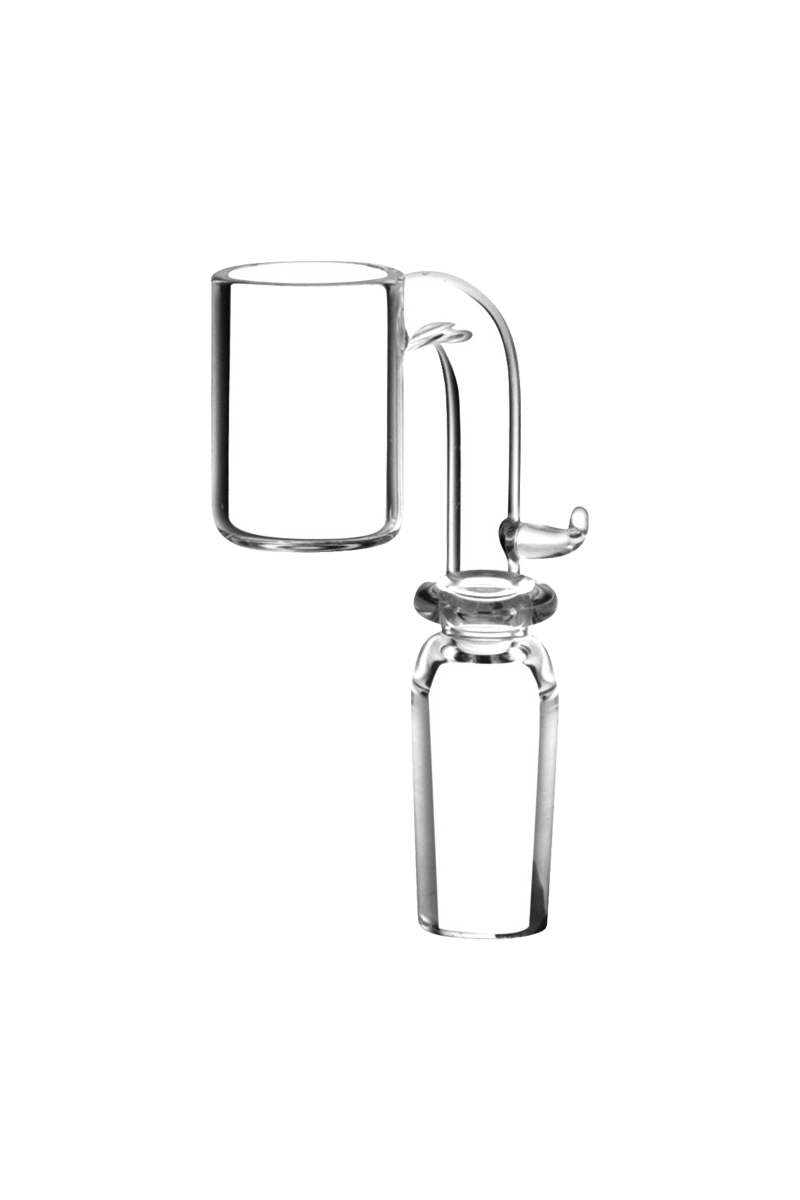 Front view of the Quartz Banger for 20mm E-Nail Coils, showcasing its clear glass construction and cylindrical shape.