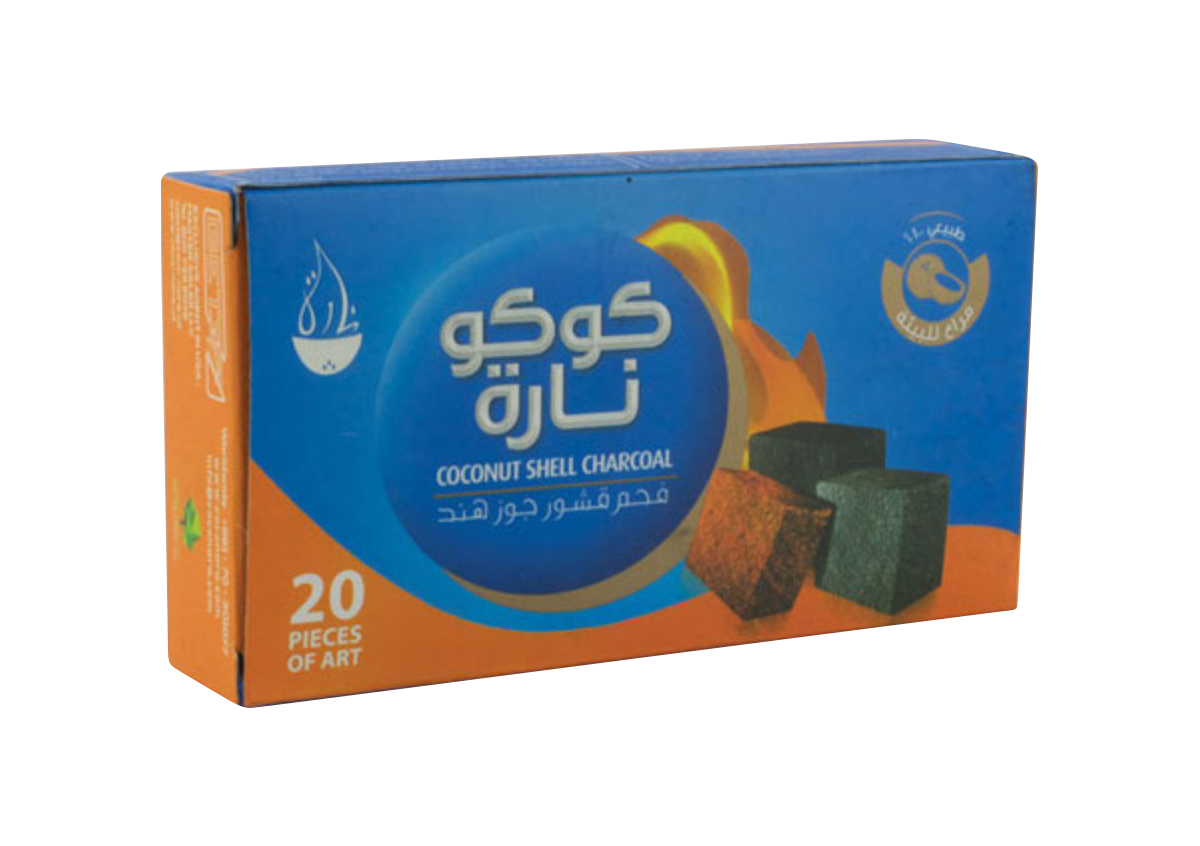 A front view of the 20-pack Coco Nara Hookah Charcoal box with Arabic text and branding details.