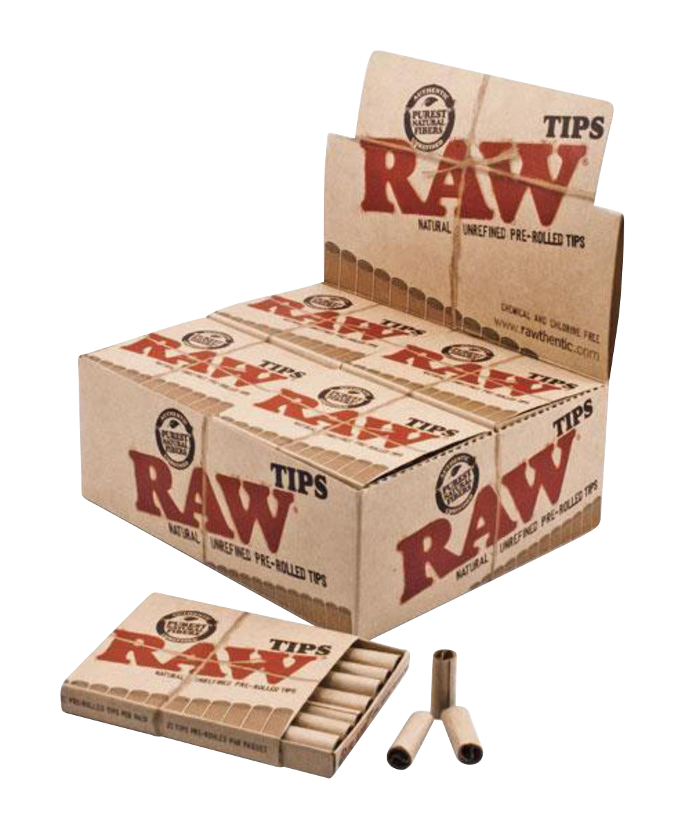 A stack of RAW Pre-Rolled Tips (21 Tips Per Pack) displayed against a simple white background, showcasing the branded packaging.