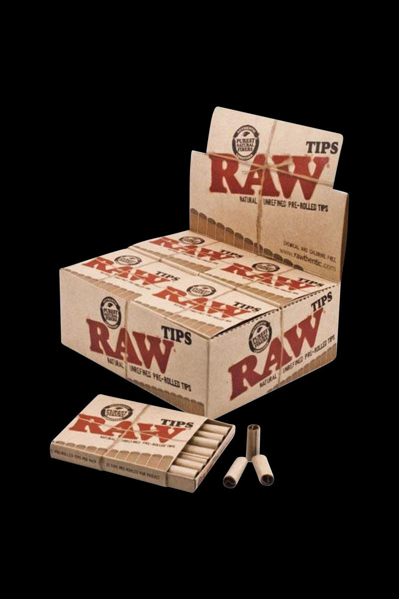 A close-up of a pack of RAW Pre-Rolled Tips, showing the folded, white paper tips against the branded packaging.