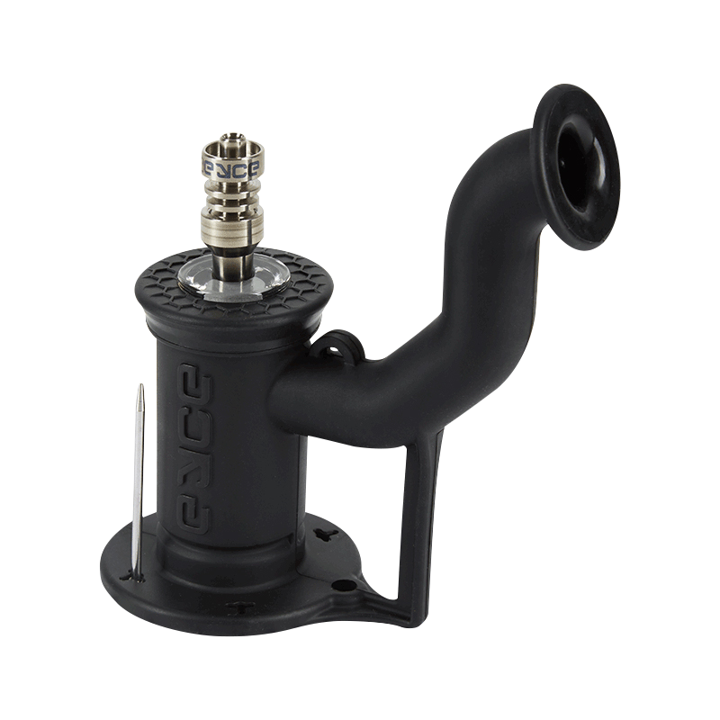 Three-quarter front view of the black EYCE Rig II Silicone Bong showing its curved mouthpiece, textured top, and metal bowl assembly.