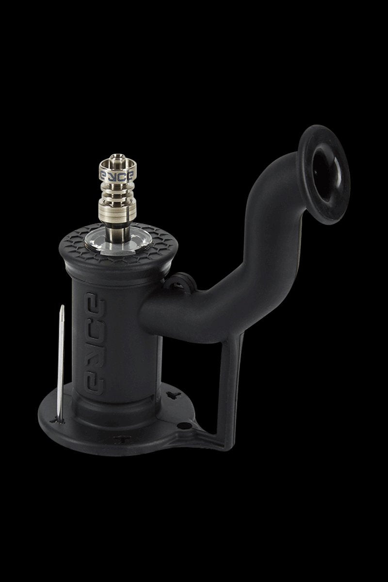 Angled close-up of the Heli Red EYCE Rig II Silicone Bong showing its matte black curved mouthpiece, base, and metal nail.