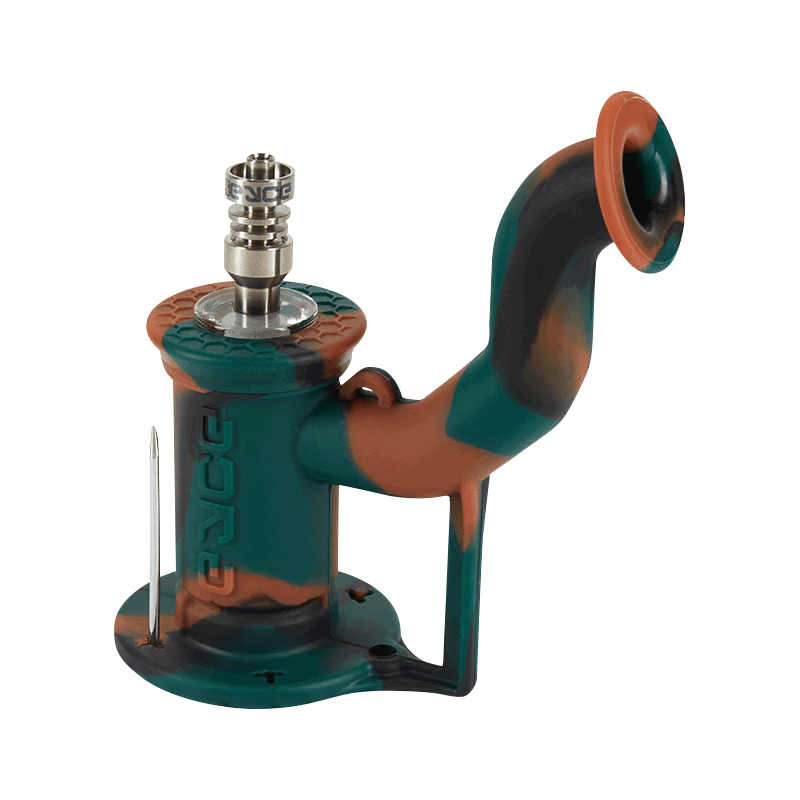 Angled studio shot of the green-and-orange EYCE Rig II Silicone Bong showing its curved neck, textured top, and metal nail.