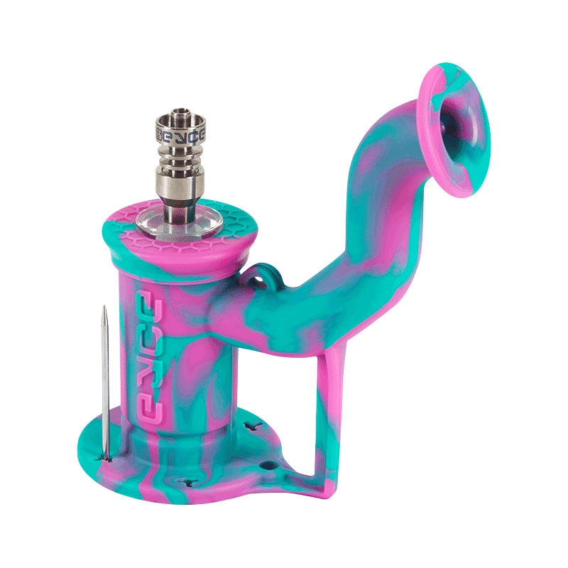 Angled close-up of the teal-and-pink marbled EYCE Rig II Silicone Bong showing its curved mouthpiece, raised base, and metal bowl assembly.