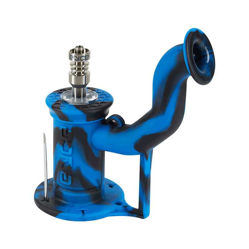 Angled front view of the blue-and-black marbled EYCE Rig II Silicone Bong showing its curved mouthpiece, base, and metal nail.