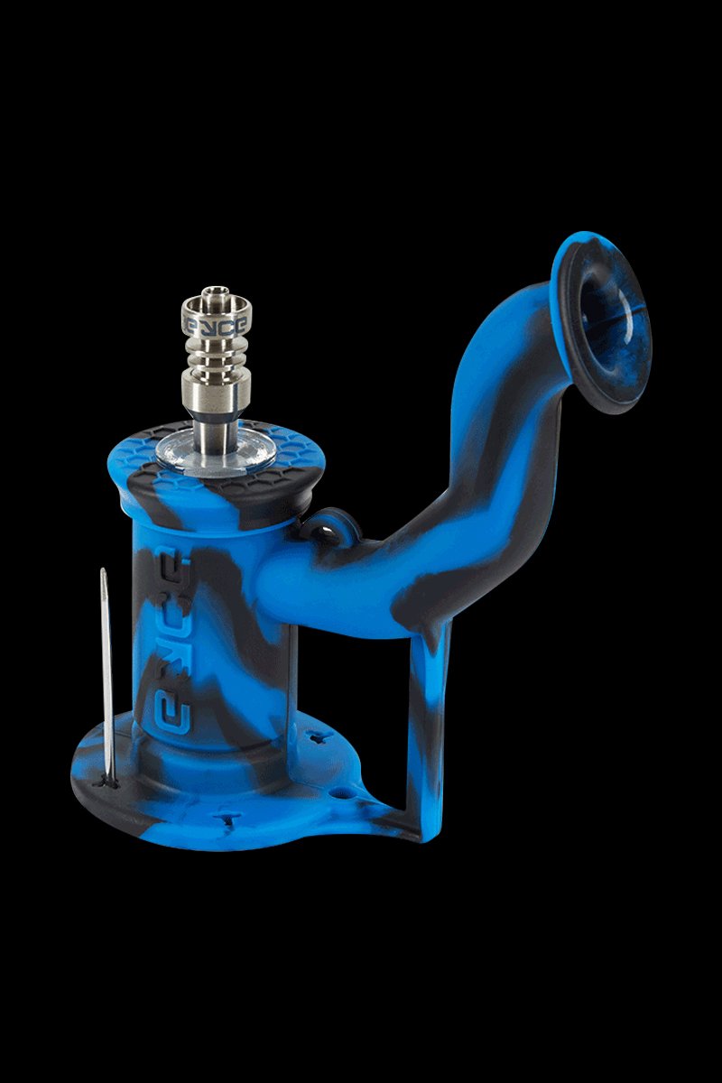 Three-quarter view of the Flower Purple EYCE Rig II Silicone Bong against a black background, showing its curved mouthpiece and metal nail.