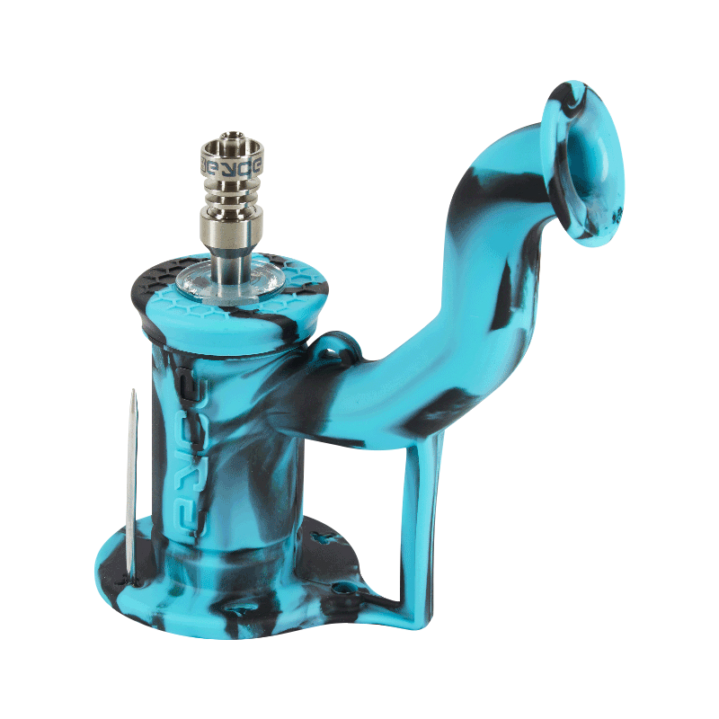 Angled close-up of the blue-and-black marbled EYCE Rig II Silicone Bong showing its bent mouthpiece, textured top, and metal bowl assembly