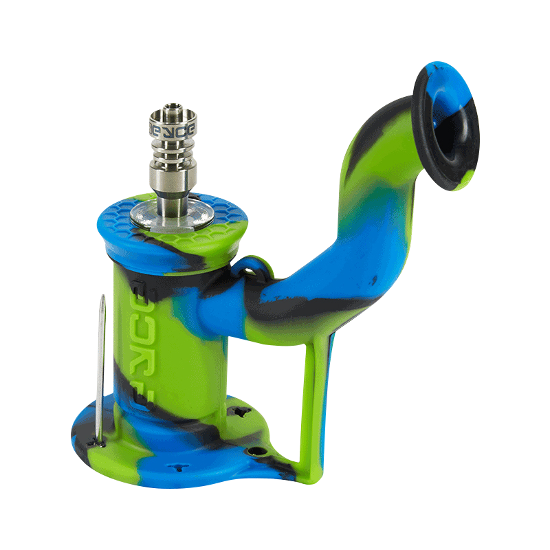 Angled close-up of the EYCE Rig II Silicone Bong showing its swirled blue, green, and black body with a metal nail and textured top.