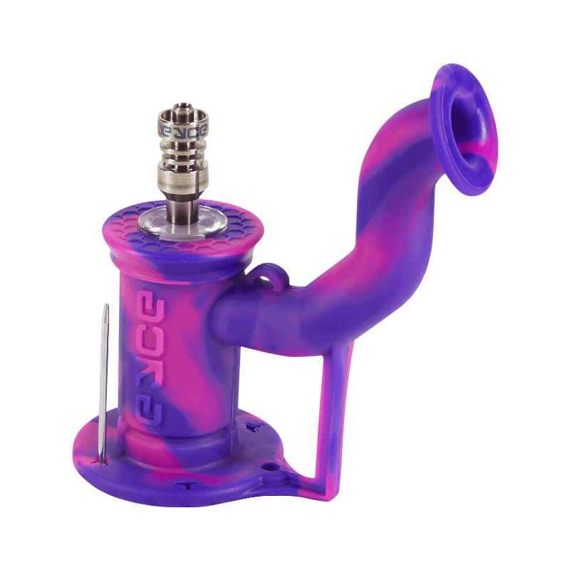 Angled front view of the purple-and-pink EYCE Rig II Silicone Bong showing its curved swan-neck mouthpiece, textured top cap, and metal nail.