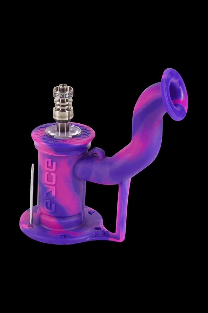Angled front view of the Cool Gray EYCE Rig II Silicone Bong showing a purple-pink marbled body, curved mouthpiece, and metal bowl against a black background