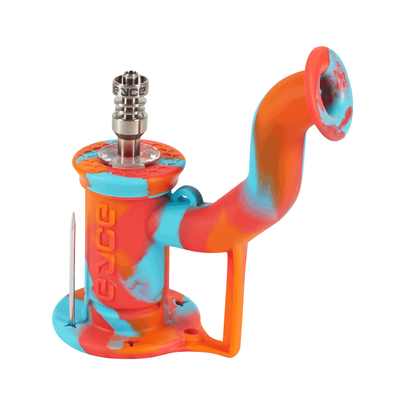 Angled close-up of the colorful EYCE Rig II Silicone Bong with swirled orange, blue, and coral body and metal nail on top