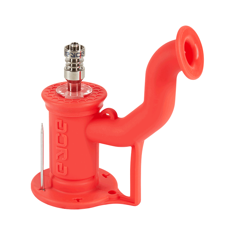Angled front view of the Urban Green EYCE Rig II Silicone Bong showing its curved mouthpiece, textured cap, metal nail, and molded EYCE logo.
