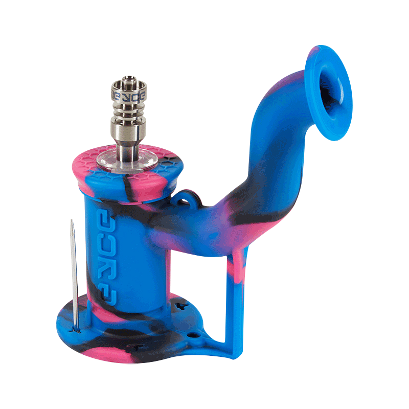 Angled close-up of the Nu Blue EYCE Rig II Silicone Bong showing its swirled blue and pink body, curved mouthpiece, and metal bowl assembly