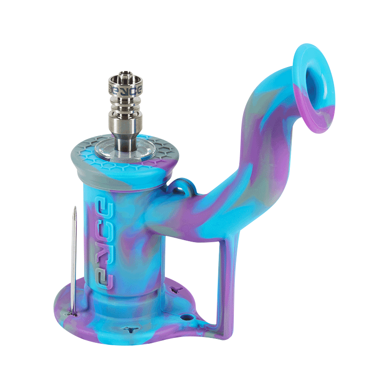 Angled close-up of the Urban Red EYCE Rig II Silicone Bong showing its swirled blue-purple body, curved mouthpiece, and metal bowl.
