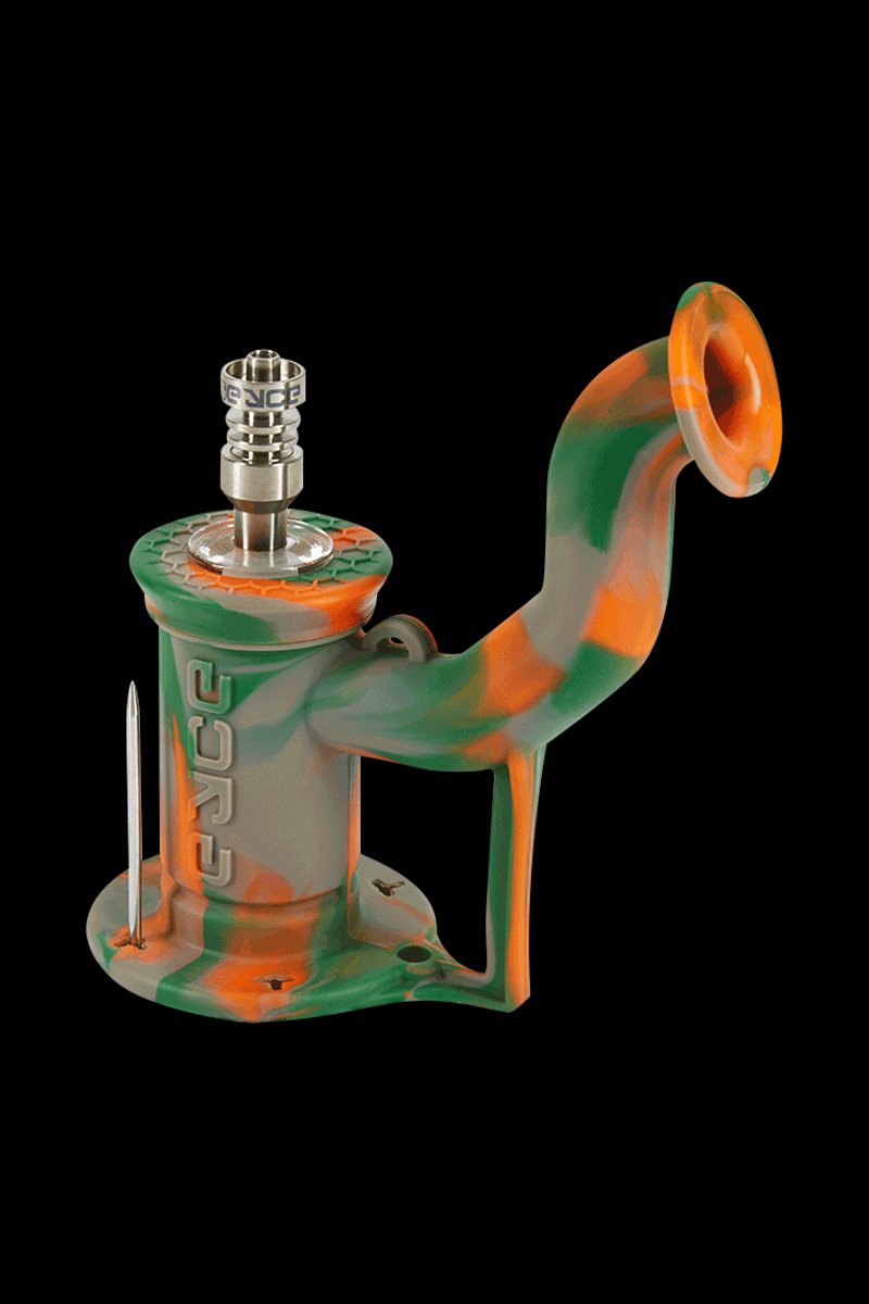 Angled front view of the camo EYCE Rig II Silicone Bong showing green and orange swirls, metal nail, and raised EYCE logo on a black background