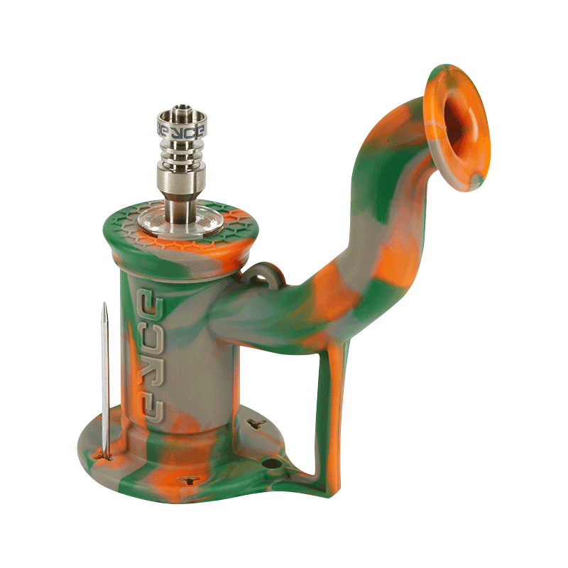 Angled three-quarter view of the EYCE Rig II Silicone Bong in rifle camo green and orange, showing its curved mouthpiece and metal bowl.