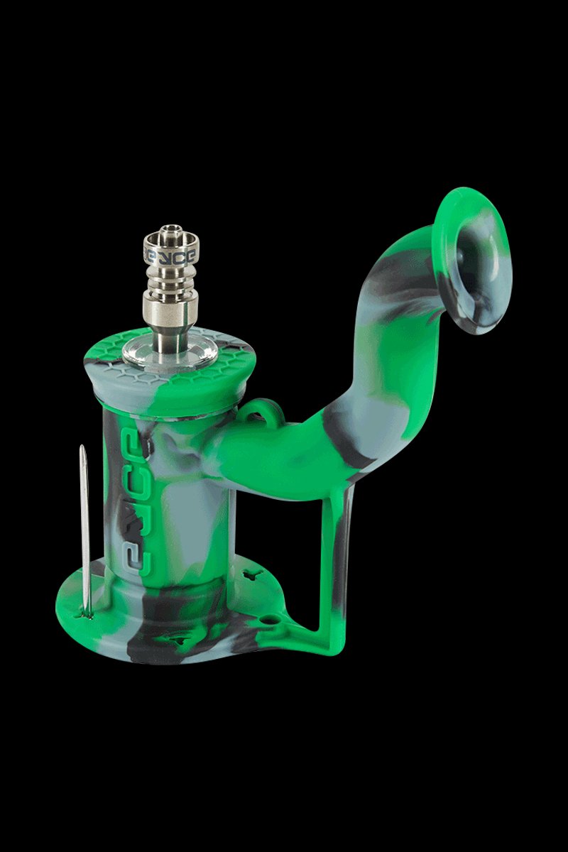 Angled side view of the EYCE Rig II Silicone Bong in green-and-gray swirl with metal nail and black background